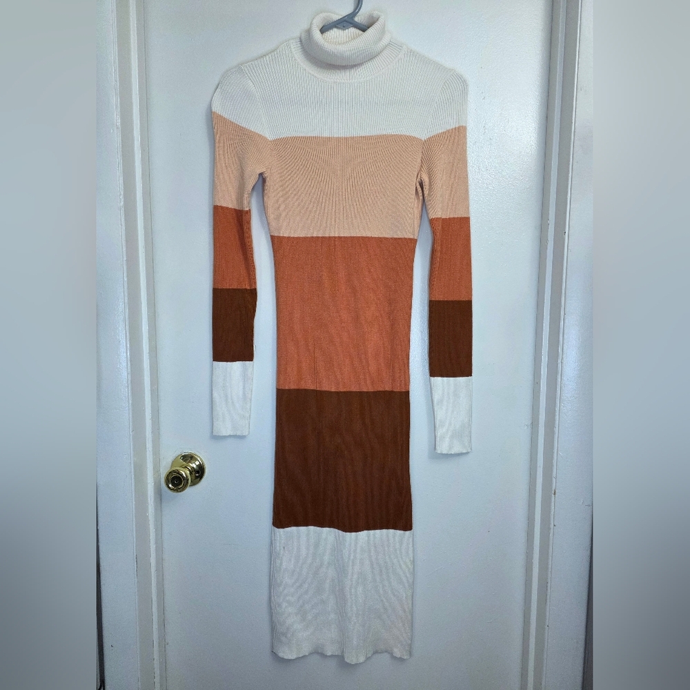 Rocorose Sweater Dress Rib Knit Turtleneck Bodycon Stretch Big Stripe Colorblock